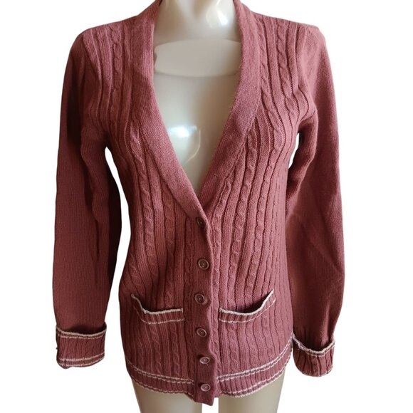 Women's Small Vintage 1970's Cardigan Sweater Collage Cable Knit Ringer Korea - Picture 1 of 8